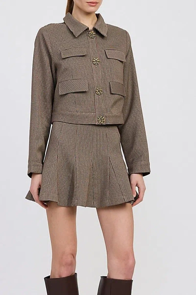 En Saison Aubrielle Floral Button Cropped Houndstooth Jacket In Brown, Women's At Urban Outfitters