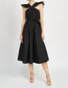 EN SAISON BLAKELY RUFFLE EYELET BELTED MIDI DRESS IN BLACK