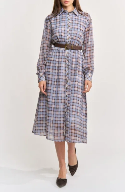 En Saison Briar Plaid Ruffle Long Sleeve Shirtdress In Blue