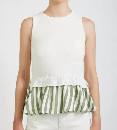 En Saison Cece Mixed Media Top In Sage Combo In Red