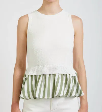En Saison Cece Mixed Media Top In Sage Combo