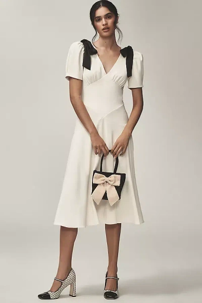 En Saison Celia Puff-sleeve V-neck Midi Dress In White