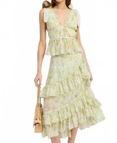 En Saison Claire Tiered Midi Skirt In Sage Yellow In Green