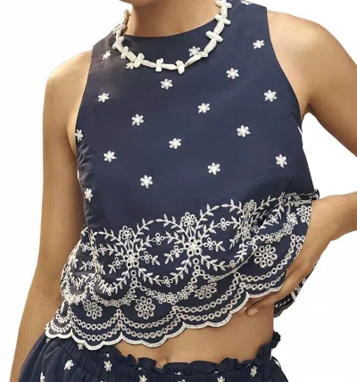 EN SAISON CROPPED EMBROIDERED TANK TOP IN NAVY/NATURAL