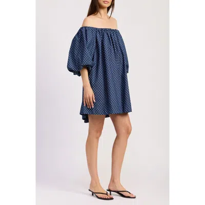 En Saison Dover Off The Shoulder Balloon Sleeve Trapeze Minidress In Blue
