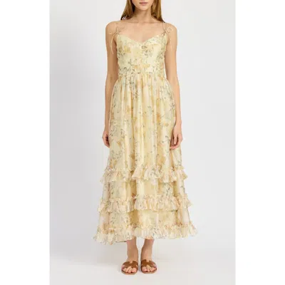 En Saison Elliott Floral Tiered Organza Midi Dress In Yellow Olive