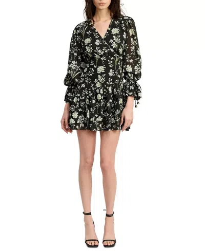 En Saison Emory Mini Dress Women's Black Floral Ruffle Hem V-neck Pal59 In Brown