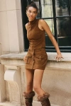 En Saison Faux-suede Button-front Mini Skirt In Brown