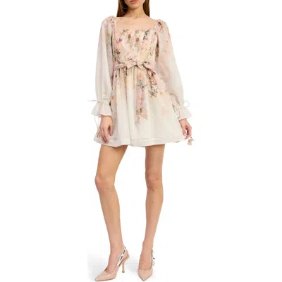 En Saison Floral Print Tie Waist Long Sleeve Chiffon Minidress In White