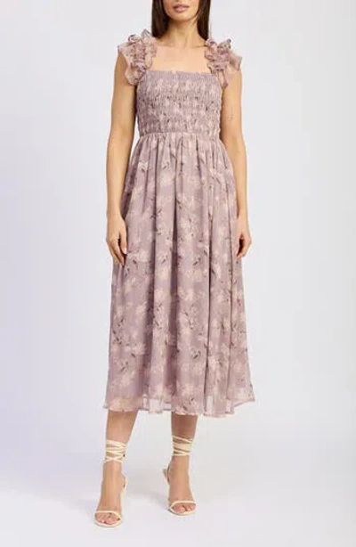 En Saison Floral Ruffle Smocked Midi Dress In Lilac Floral