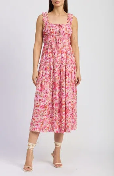En Saison Floral Ruffle Strap A-line Midi Dress In Red Floral