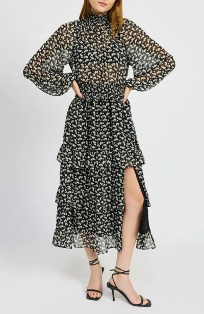 En Saison Genevieve Floral Long Sleeve Tiered Dress In Black Gold