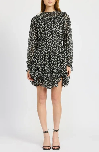 En Saison Genevieve Long Sleeve Chiffon Minidress In Black Gold