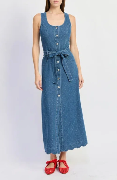 En Saison Heidi Polka Dot Denim Midi Dress In Blue