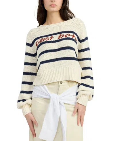 En Saison Helena Sweater Women's Ivory Cotton Striped Cropped Boat Neck Pall67 In White