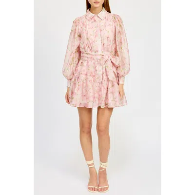 En Saison Josette Floral Long Sleeve Mini Shirtdress In Pink Floral