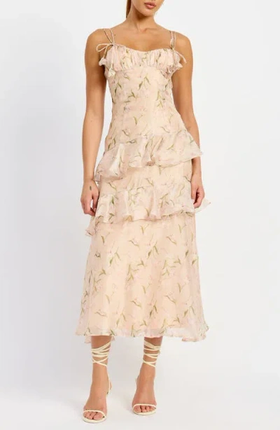 En Saison Kimberly Floral Ruffle Detail Midi Dress In Cantaloupe Multi