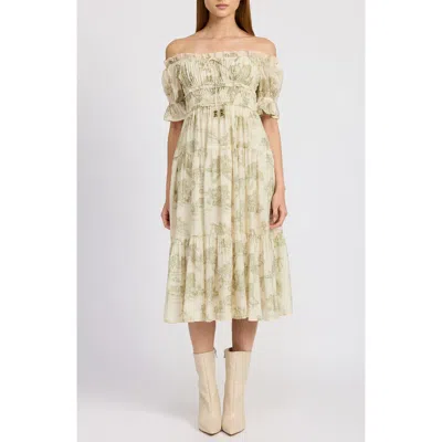En Saison Leighton Toile Print Off The Shoulder Midi Dress In Cream Olive