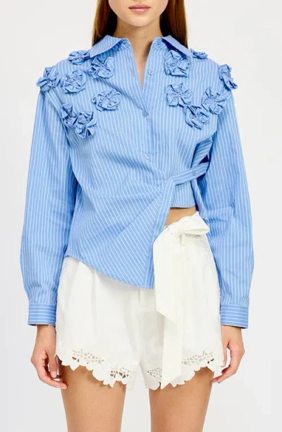 En Saison Lilith Stripe 3d Flower Asymmetric Button-up Shirt
