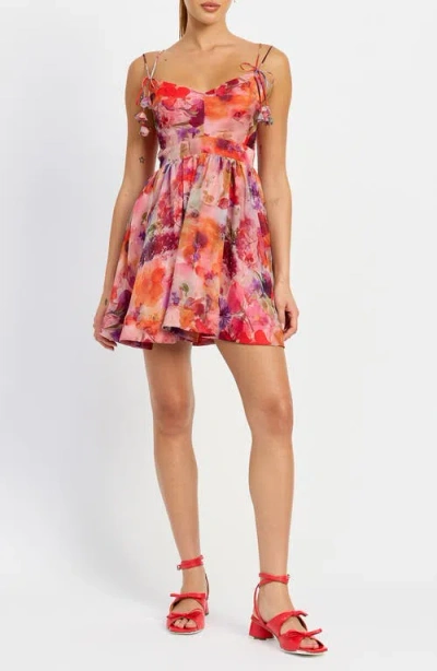 En Saison Magnolia Floral Tie Strap Minidress In Red Multi Floral