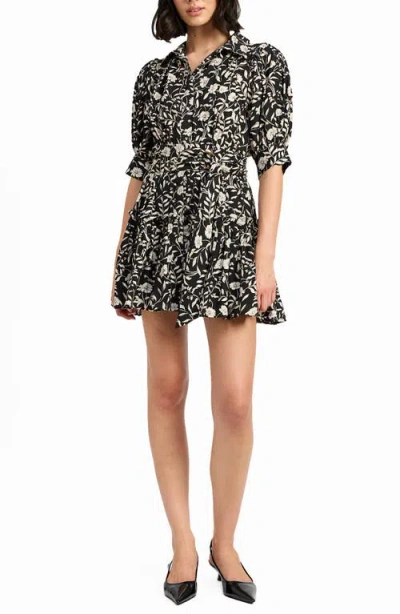 En Saison Mindy Floral Puff Sleeve Mini Shirtdress In Black/ivory