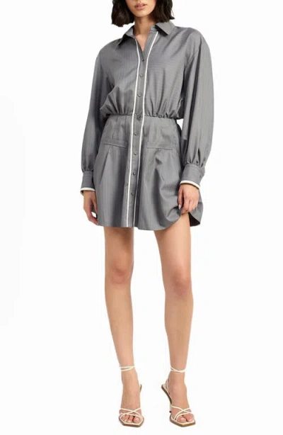 En Saison Minette Long Sleeve Mini Shirtdress In Gray White