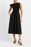 En Saison Mixed Media Asymmetric Neck Midi Dress In Black