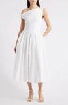En Saison Mixed Media Asymmetric Neck Midi Dress In White