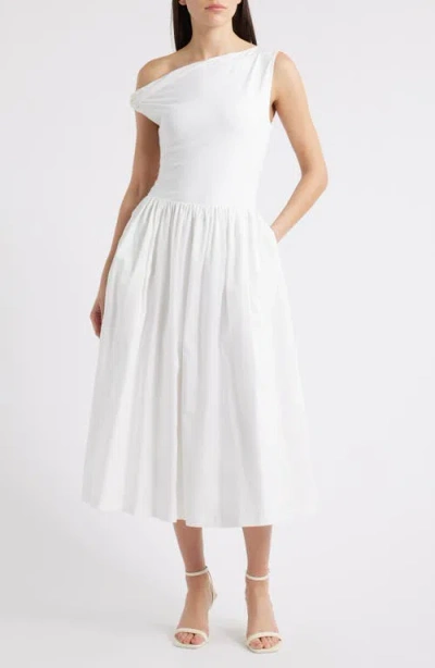 En Saison Mixed Media Asymmetric Neck Midi Dress In White