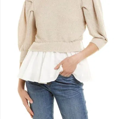En Saison Mixed Media Puffed Sleeve Top In Beige