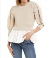 En Saison Mixed Media Puffed Sleeve Top In Beige