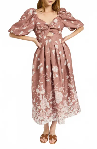 En Saison Monet Floral Twist Bust Cutout Dress In Ginger Brown In Pink