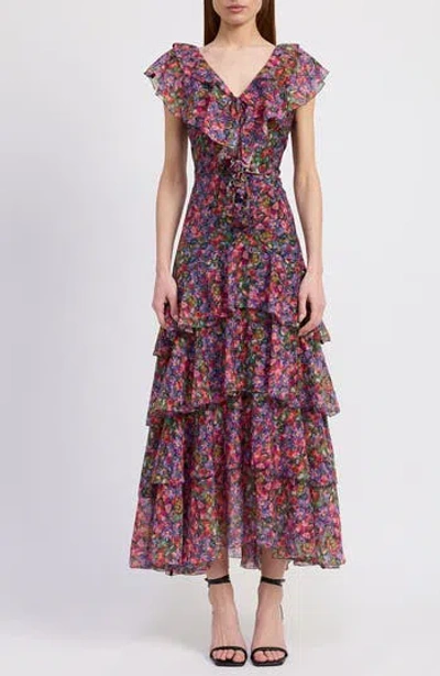En Saison Naomi Ruffle Maxi Dress In Purple Multi