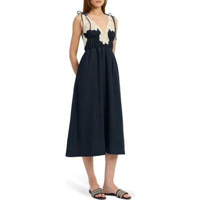 En Saison Natalia Lace Trim Shirred Midi Dress In Blue