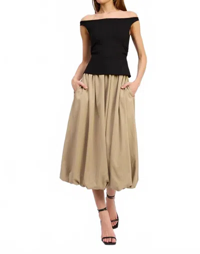 En Saison Off Shoulder Bubble Hem Dress In Khaki/black In Multi