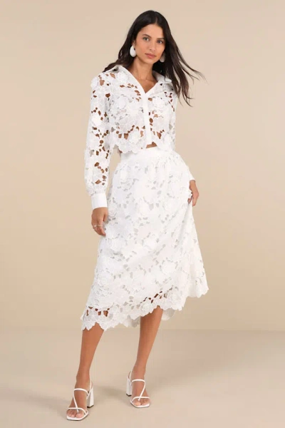 En Saison Ottis White Laser-cut Floral High-rise Midi Skirt