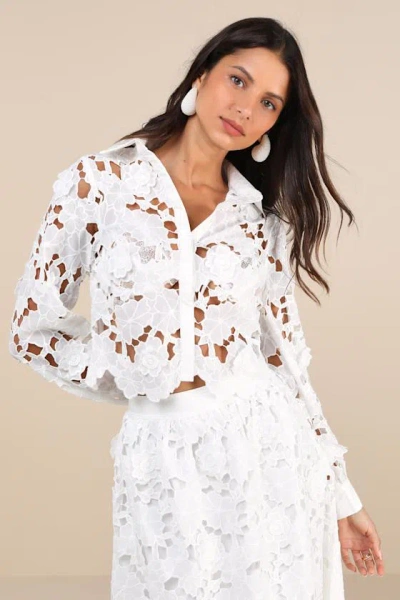 En Saison Ottis White Sheer Laser-cut Floral Collared Long Sleeve Top