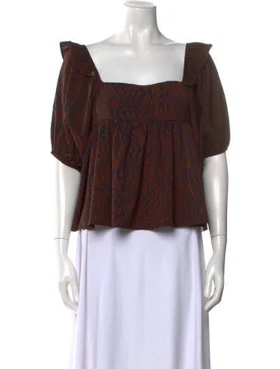 Pre-owned En Saison Printed Square Neckline Blouse In Brown