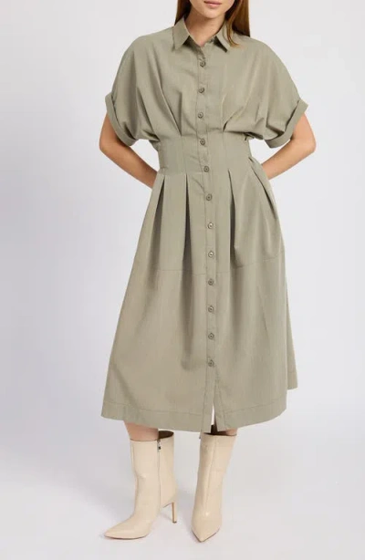 En Saison Roan Pleated Waist Midi Shirtdress In Lichen