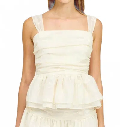 En Saison Ruched Peplum Top In Ivory In Animal Print