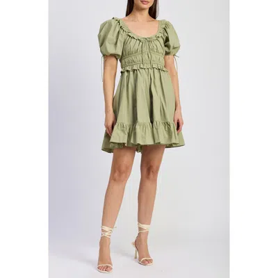 En Saison Ruffle Puff Sleeve Tiered Minidress In Sage
