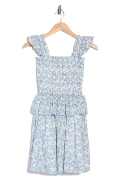 En Saison Ruffle Smocked Cotton Minidress In Ivory/blue Floral