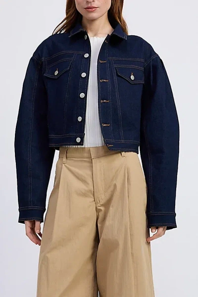 En Saison Seraphina Balloon Sleeve Cropped Denim Jacket In Dark Blue, Women's At Urban Outfitters