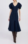En Saison Seraphina Puff Sleeve Denim Midi Dress In Blue