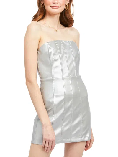 En Saison Sloane Womens Faux Leather Metallic Mini Dress In Silver