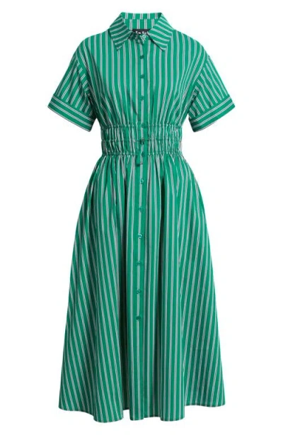 En Saison Stripe Drawcord Waist Shirtdress In Green