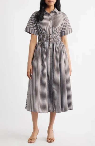 En Saison Stripe Short Sleeve Cotton Blend Midi Shirtdress In Brown