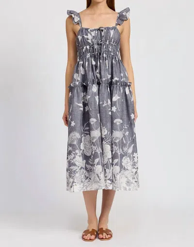 En Saison Sydney Floral-print Midi Dress In Washed Blue Ivory
