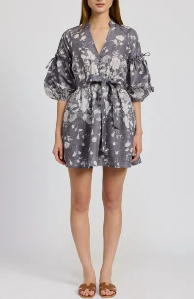 En Saison Sydney Floral Print Mini Dress In Washed Blue Ivory
