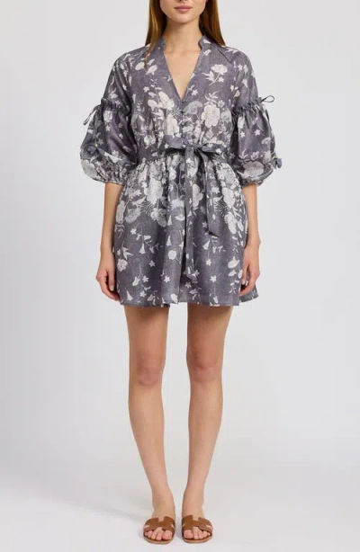En Saison Sydney Floral Print Puff Sleeve Minidress In Washed Blue Ivory